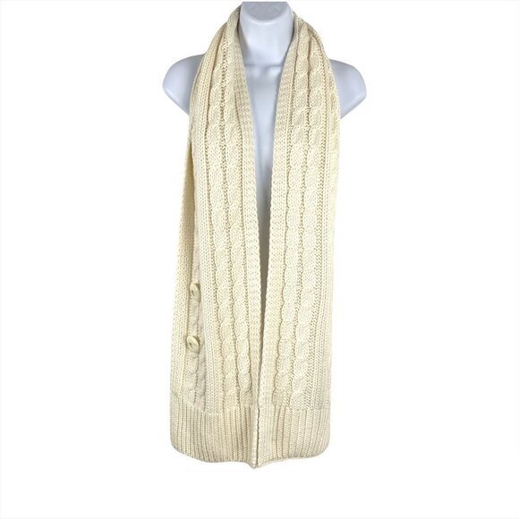 Fred Perry Scarf‎ Cable Knit Acrylic Wool Ivory Cream Buttons Women's One Size - Picture 1 of 8